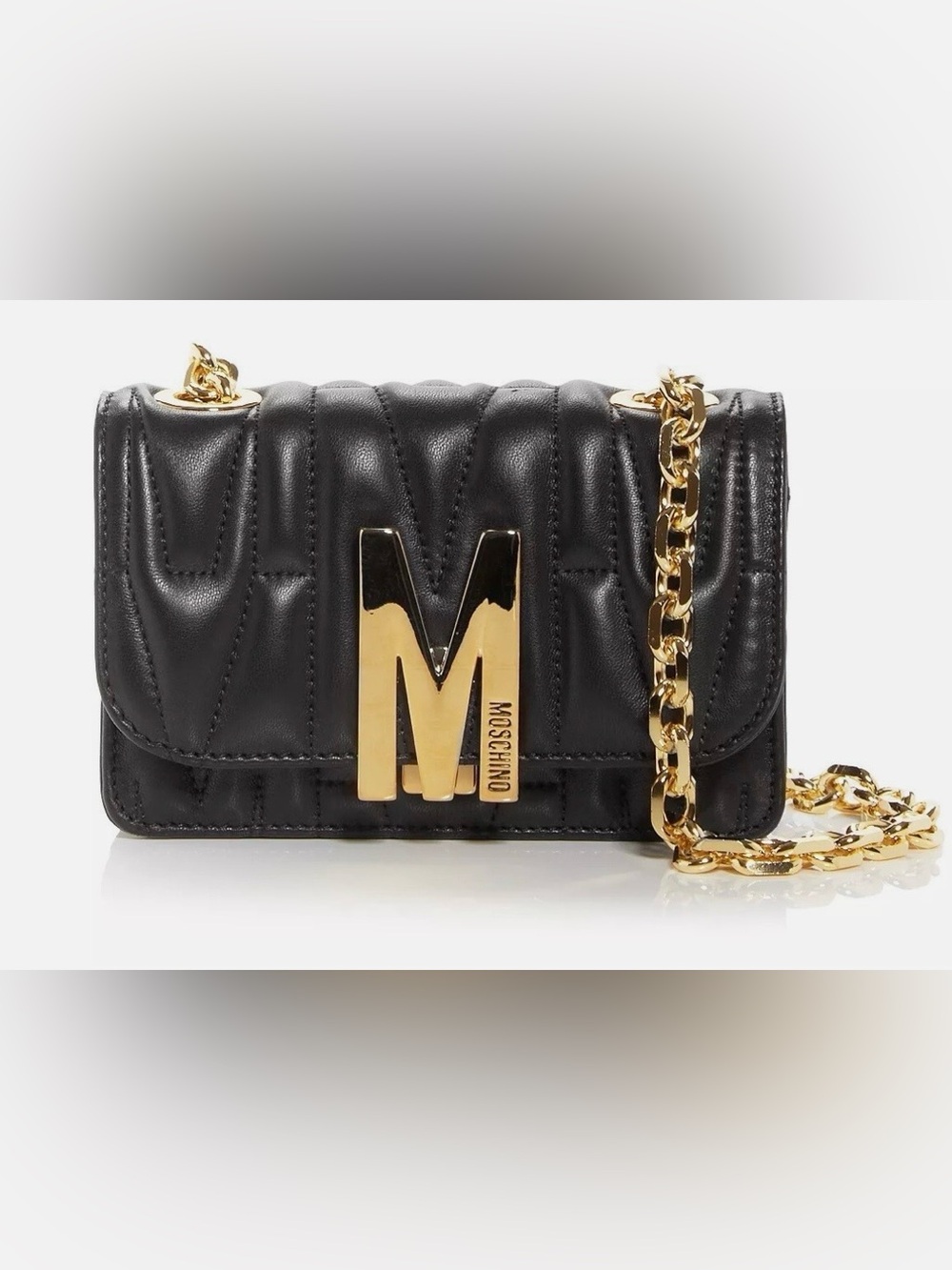 Authentic Moschino Black Quilted Leather Crossbody with Gold 'M' Logo and Chain - Picture 8 of 9